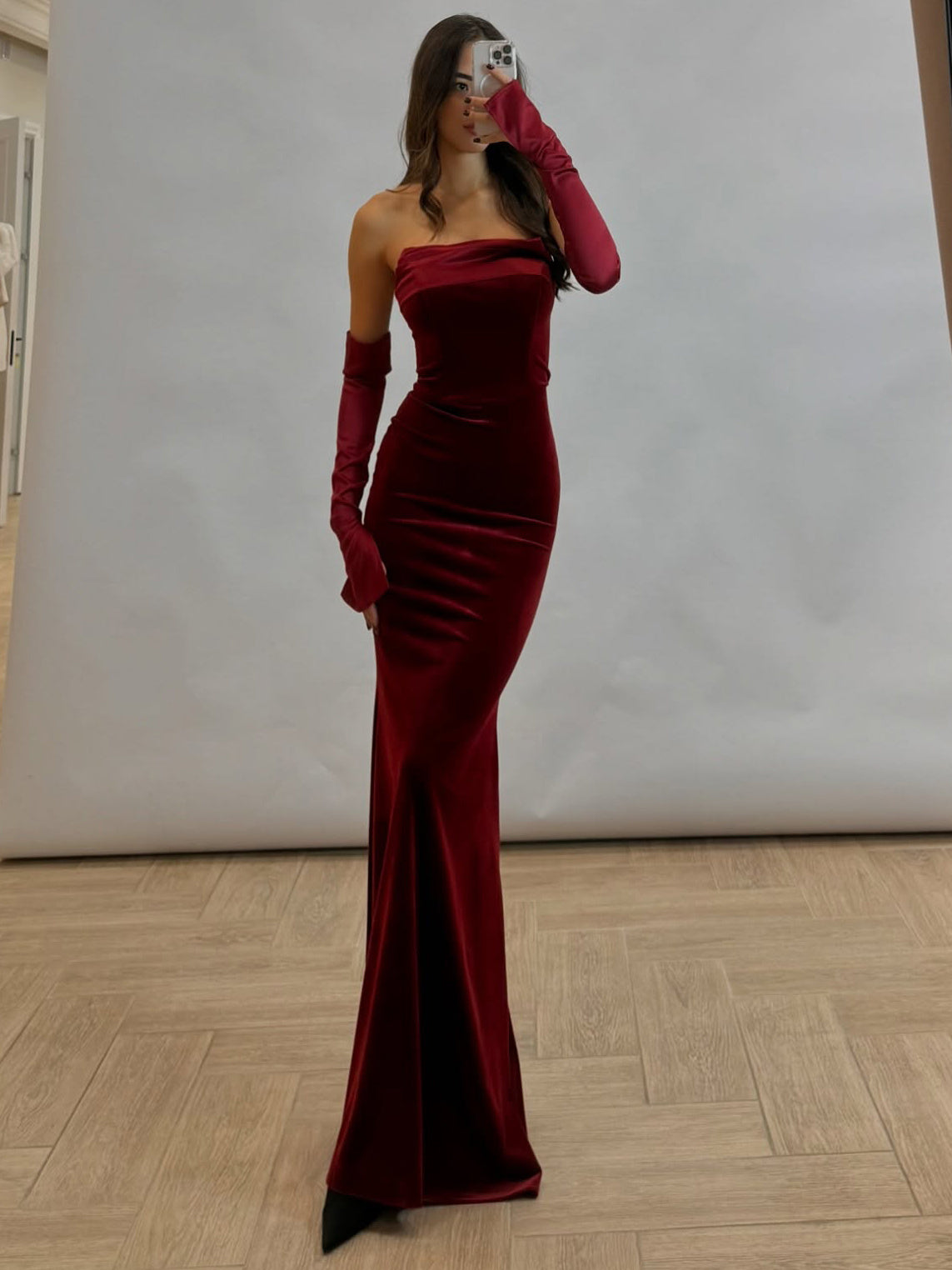 Burgundy Velvet Strapless Maxi Dress