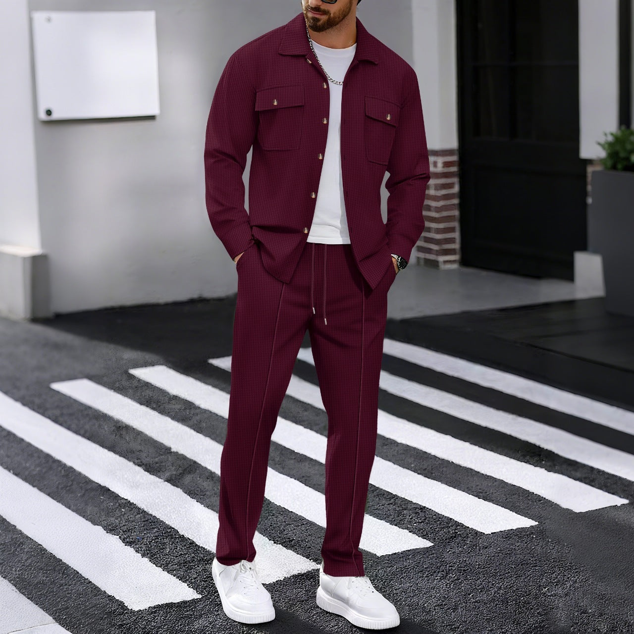 Waffle Long-sleeved Trousers Casual Men's Suit