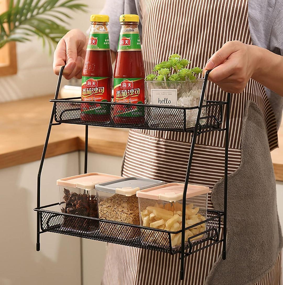 Two-Tiered Metal Spice Storage Basket – Kitchen Organizer Rack