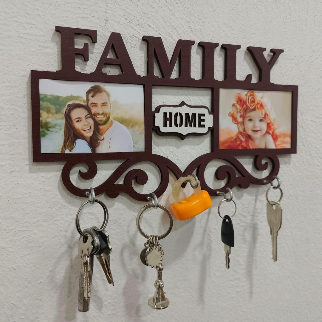 Family Wall Art Key Holder – Brown MDF 5-Piece Set