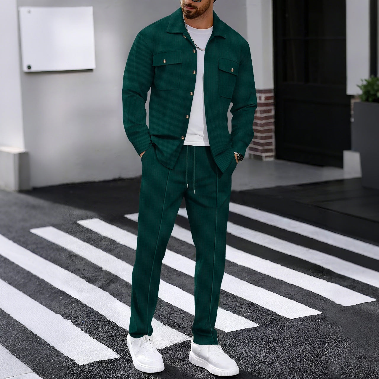 Waffle Long-sleeved Trousers Casual Men's Suit