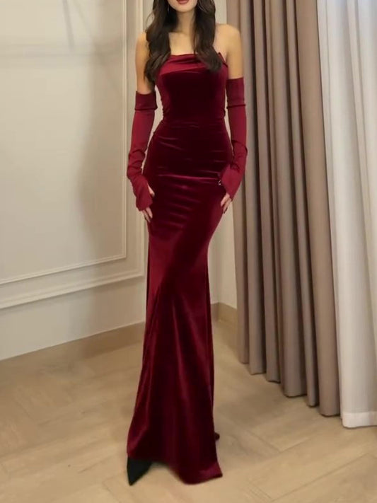 Burgundy Velvet Strapless Maxi Dress