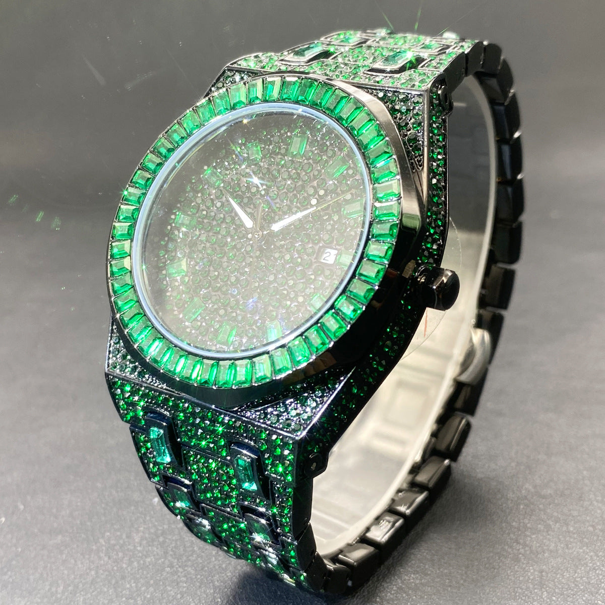 Hip Hop Men's Fashion Green Full Rhinestone Quartz Watch