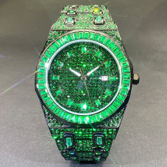 Hip Hop Men's Fashion Green Full Rhinestone Quartz Watch