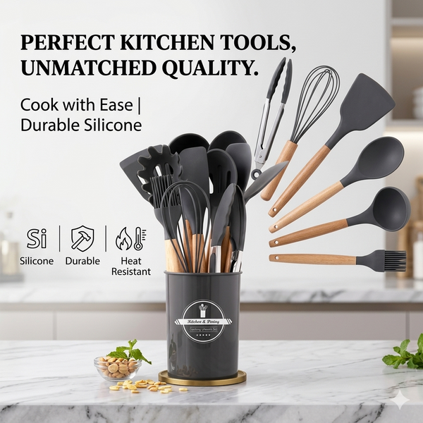 Silicone Kitchen Utensil Set 12 Pcs – Whisk, Ladle & Brush Set