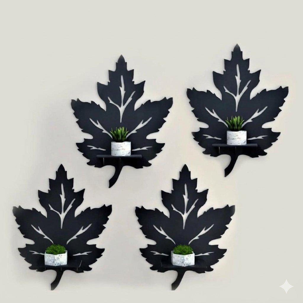 Black 3D Leaf Wall Shelves Set of 4 – MDF Decorative Wall Decor