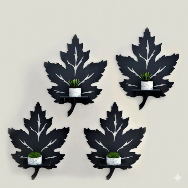 Black 3D Leaf Wall Shelves Set of 4 – MDF Decorative Wall Decor