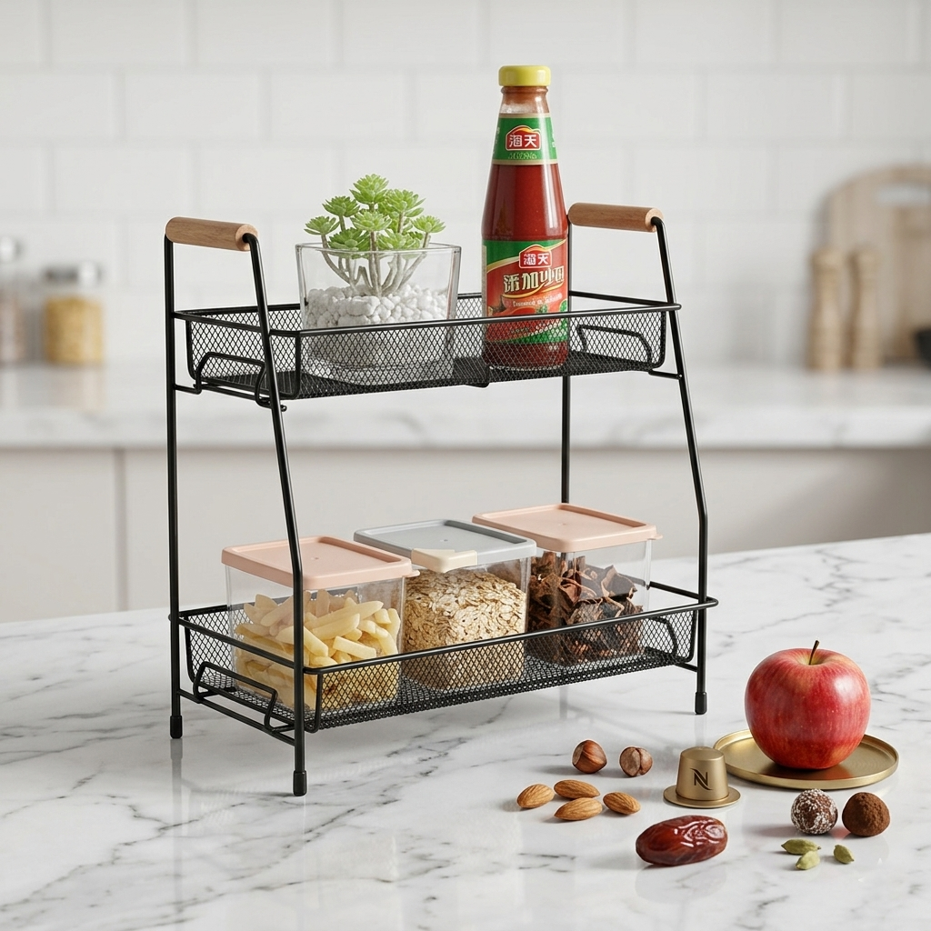 Two-Tiered Metal Spice Storage Basket – Kitchen Organizer Rack
