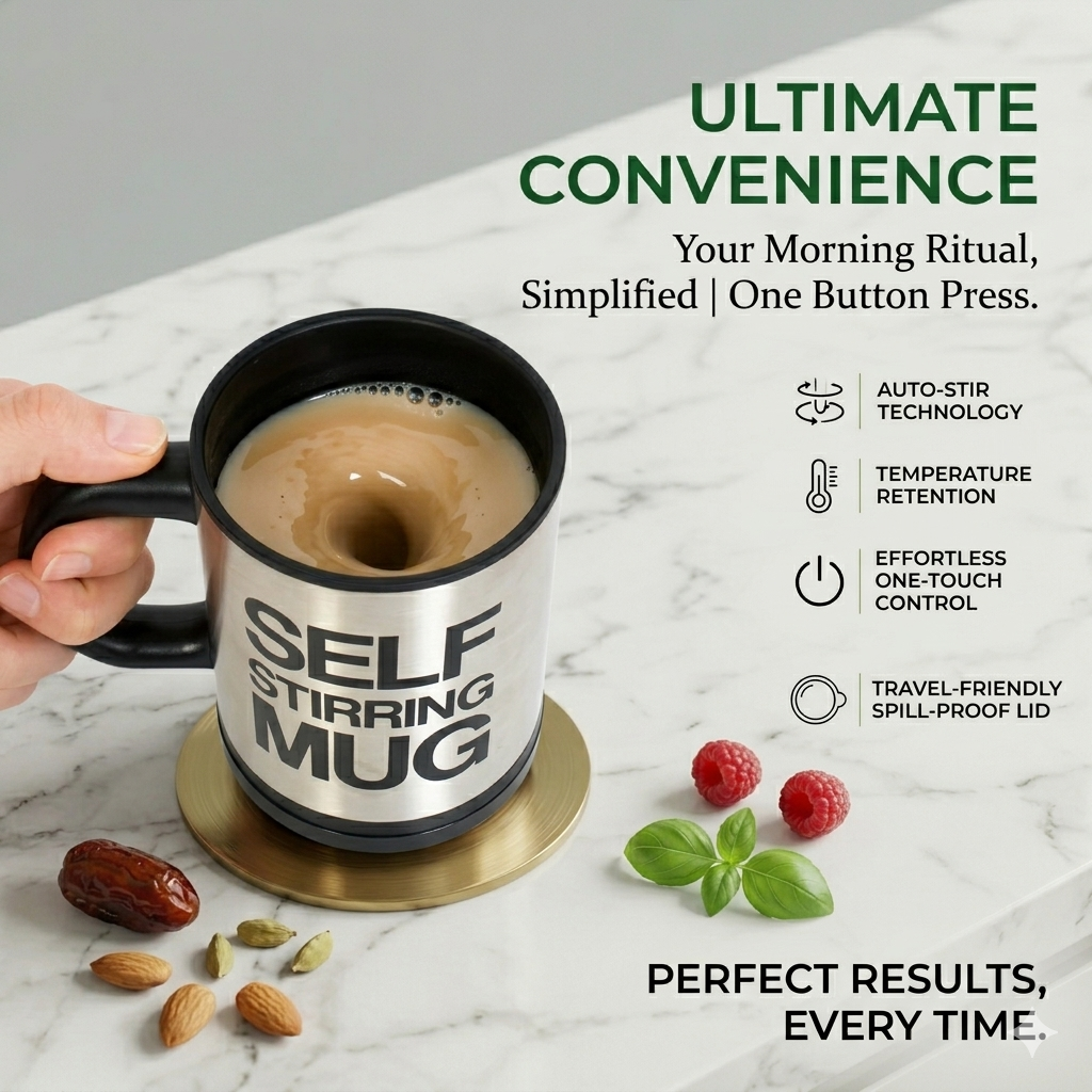 Self-Stirring Mug – Stainless Steel with Black Handle