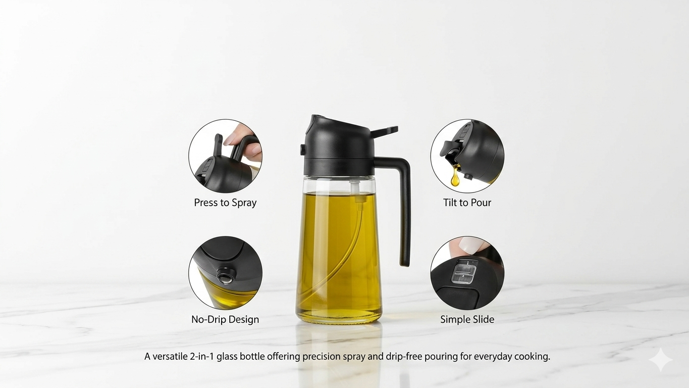 2-in-1 Oil Spray Bottle Glass – Spray & Pour Kitchen Accessory