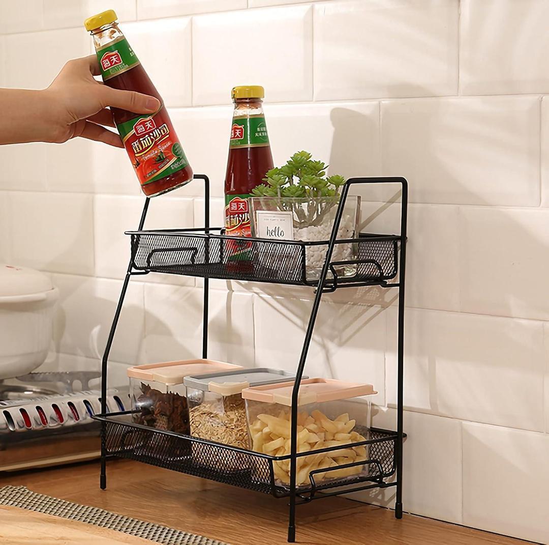 Two-Tiered Metal Spice Storage Basket – Kitchen Organizer Rack